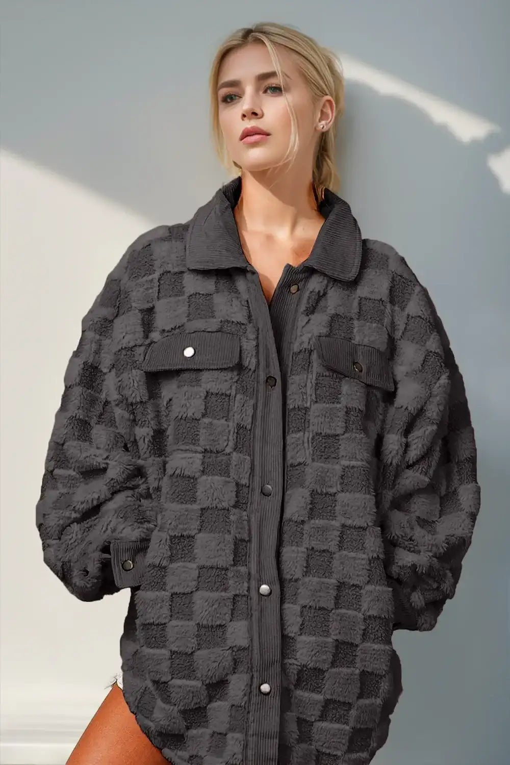 Double Take Button Up Fuzzy Checkered Shacket - Bela Fils BoutiqueBela Fils Boutique